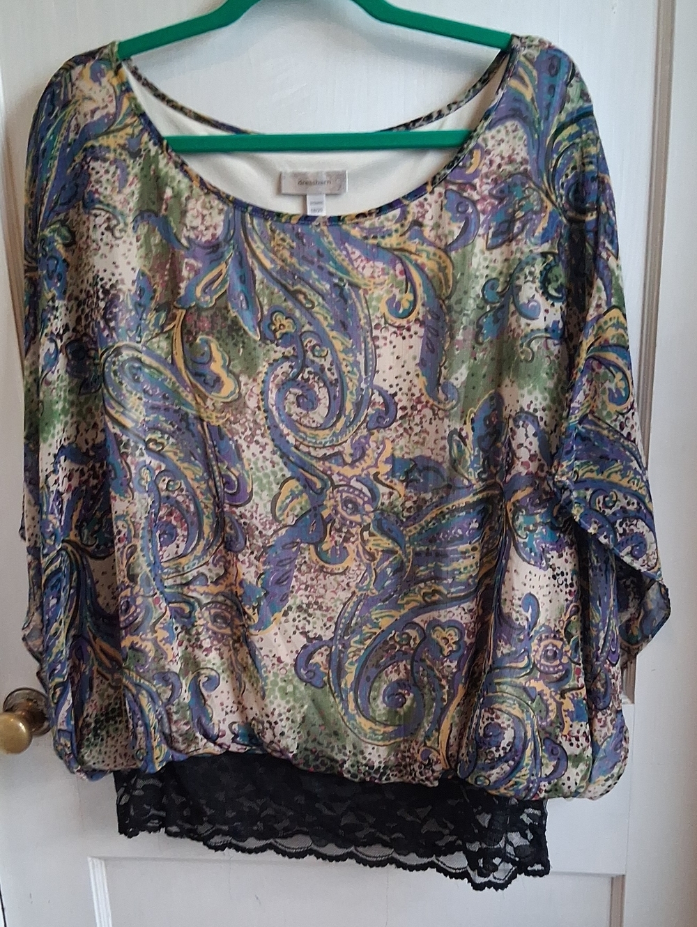 Dress Barn Multicolor Paisley Chiffon Blouse with Black Lace Hem